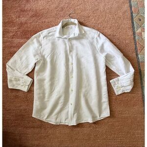 Caribbean White Linen Blend Jacquard Button Front Shirt M Leaf Pattern